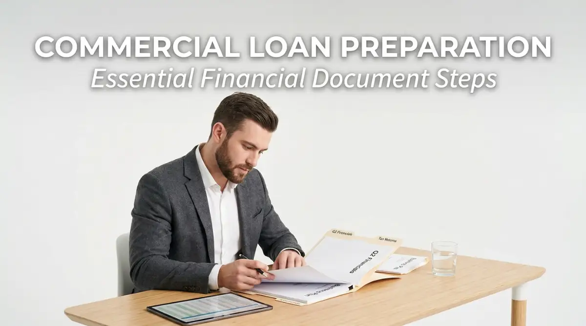 A smart young business owner organizing balance sheets and financial paperwork for a commercial loan application.