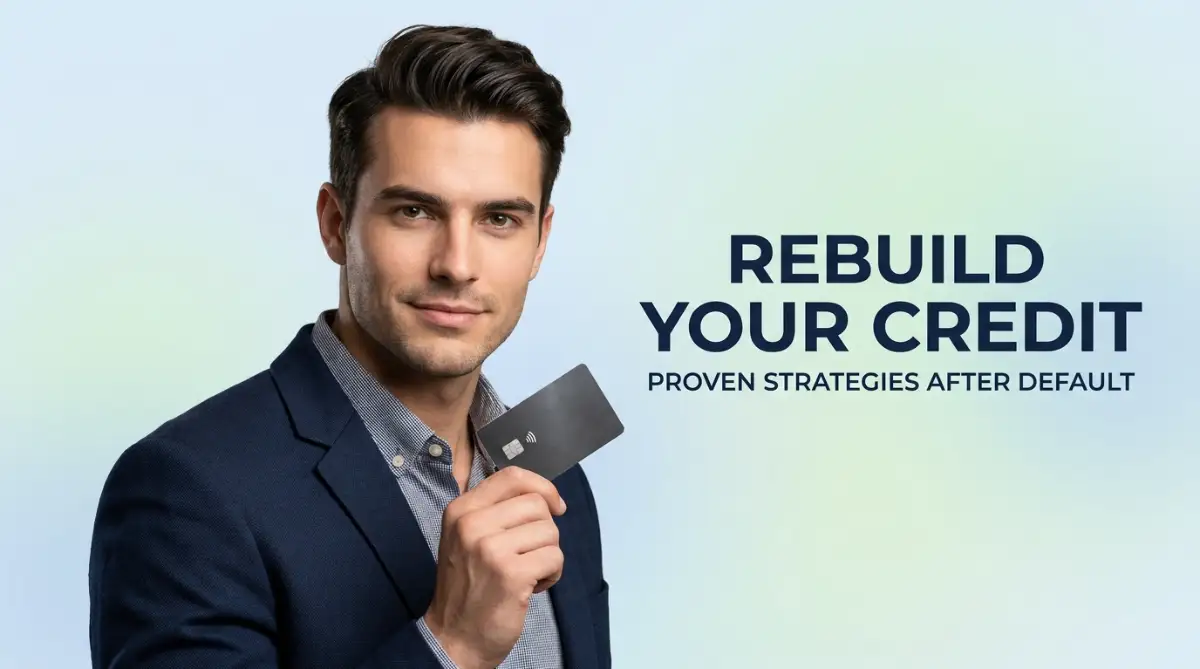 A smart young man holding a credit card confidently, representing proven strategies to rebuild your credit score after a major loan default.