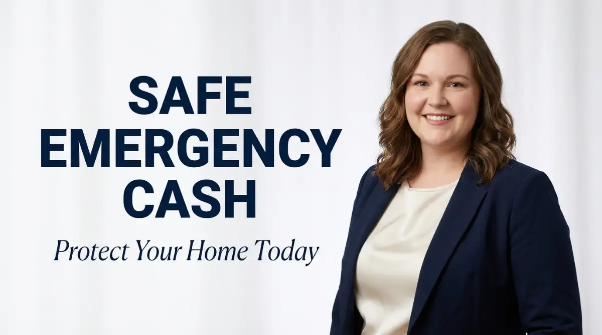 A friendly professional woman smiling next to text that highlights safe alternatives to equity loans for fast emergency cash without risking your home.