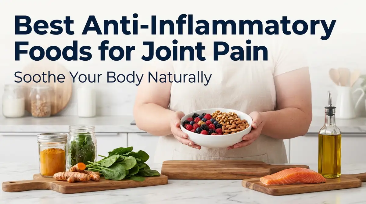 A healthy, smiling round-faced woman holds a bowl of fresh berries and nuts, illustrating the best anti-inflammatory foods for joint pain.