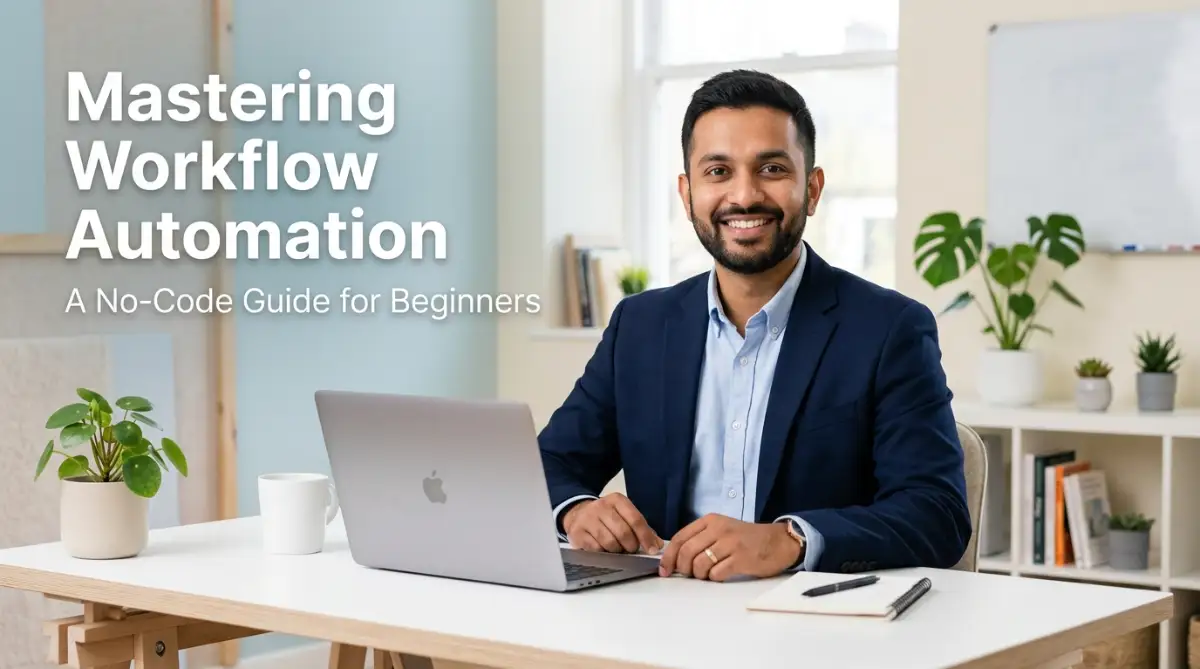 A young male professional smiling at his desk while setting up a no-code workflow automation system to connect his favorite SaaS applications.