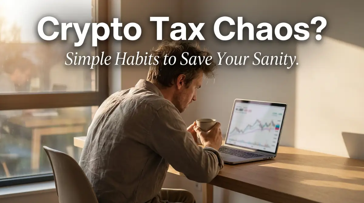 A realistic view of an investor managing their cryptocurrency tax confusion by organizing digital records on a laptop during the morning.